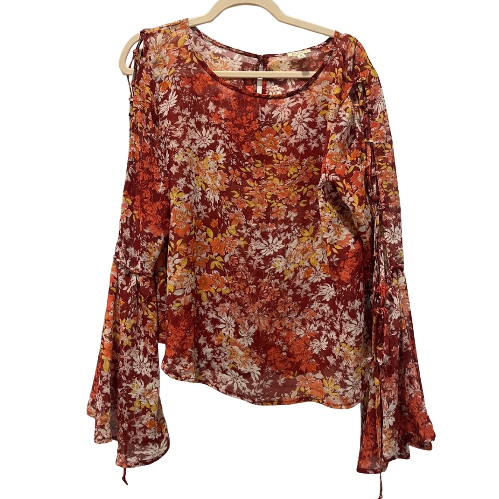 Lily White Floral Women's bell sleeve boho Top XL
